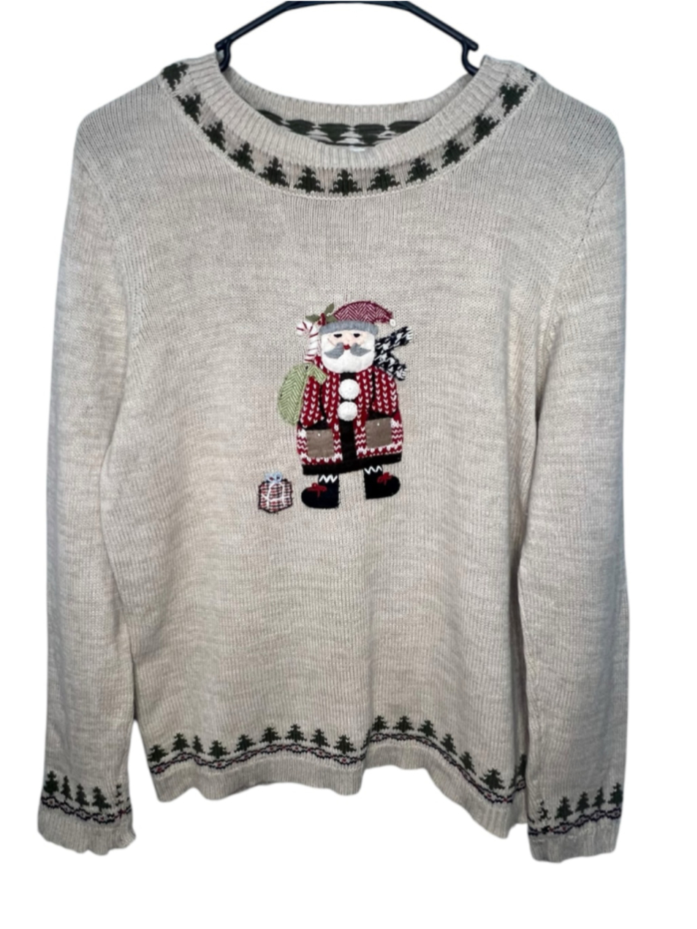 Christopher & Banks Hand Embroidered Santa Cotton Pullover Christmas Sweater